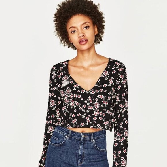 Zara Tops - {Zara} Floral Ruffle Long Sleeve Crop Top Blouse~ Size Small